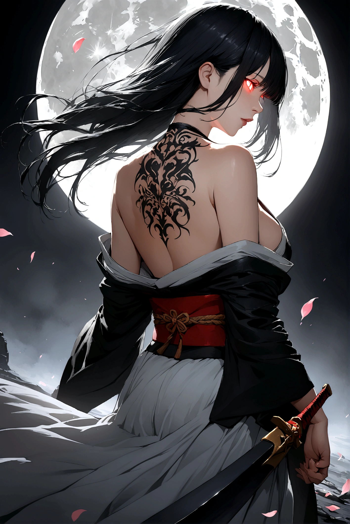 (masterpiece:1,2), best quality, masterpiece, highres, original, extremely detailed wallpaper, perfect lighting,geisha, kimono,Bare shoulder,back,Turn back,tattoo,(((Black and white))),Extreme detail,solo,Cold eyes,look up,Glowing eyes,byobu,moon,Black hair,petal, Anime girl standing in front of the moon, looking at the camera, dressed in a crusader's armor with a Christian cross on her breastplate, resting her hand on a large two-handed sword whose edge is set in the ground, black bluish hair, white black hair, glowing eyes :: photorealistic, high detail, ultra-realistic :: Studio Ghibli, Makoto Shinkai, Yoshitaka Amano inspirations :: cinematic lighting, moonlit night, dramatic shadows :: 8k resolution, sharp focus, depth of field