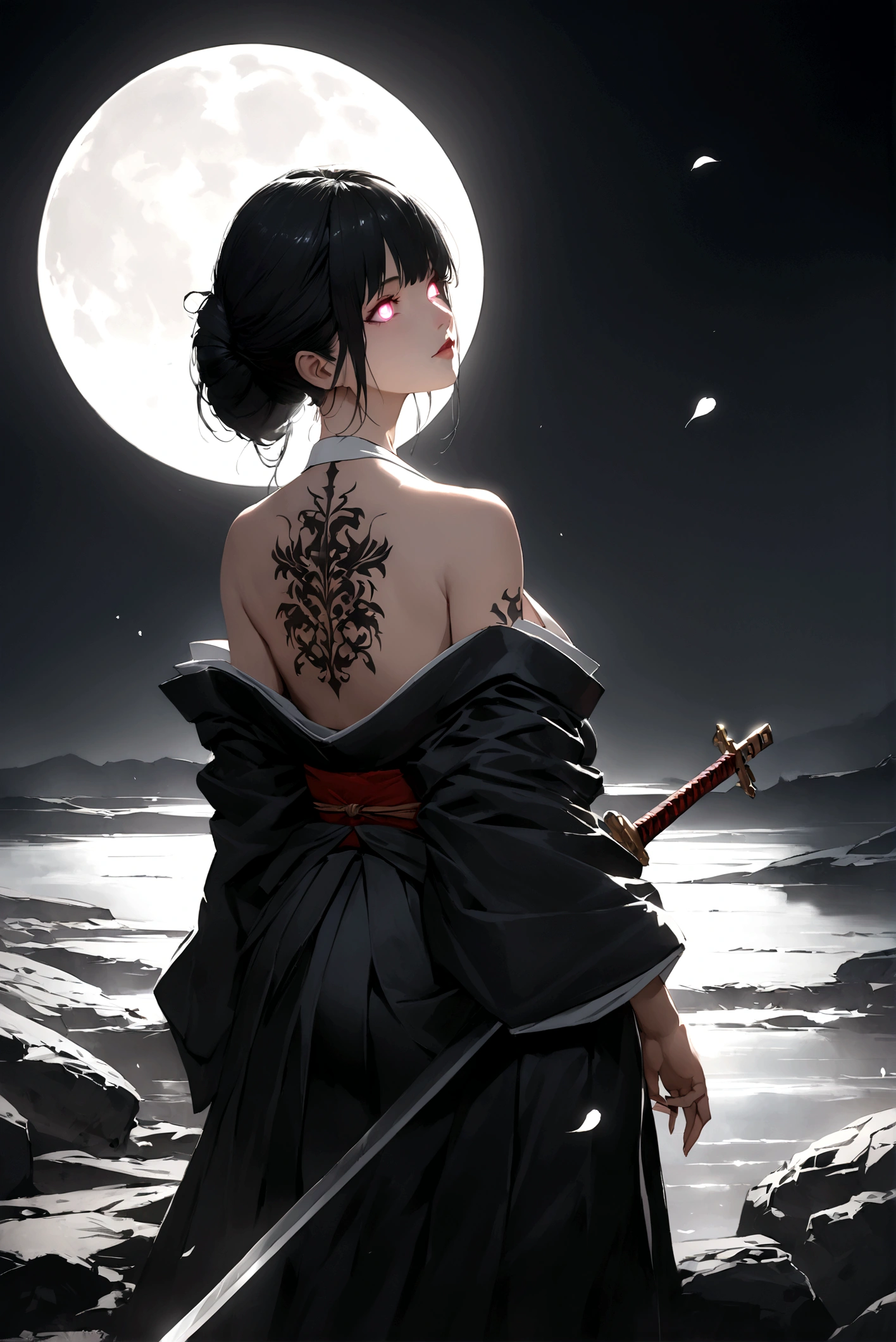 (masterpiece:1,2), best quality, masterpiece, highres, original, extremely detailed wallpaper, perfect lighting,geisha, kimono,Bare shoulder,back,Turn back,tattoo,(((Black and white))),Extreme detail,solo,Cold eyes,look up,Glowing eyes,byobu,moon,Black hair,petal, Anime girl standing in front of the moon, looking at the camera, dressed in a crusader's armor with a Christian cross on her breastplate, resting her hand on a large two-handed sword whose edge is set in the ground, black bluish hair, white black hair, glowing eyes :: photorealistic, high detail, ultra-realistic :: Studio Ghibli, Makoto Shinkai, Yoshitaka Amano inspirations :: cinematic lighting, moonlit night, dramatic shadows :: 8k resolution, sharp focus, depth of field