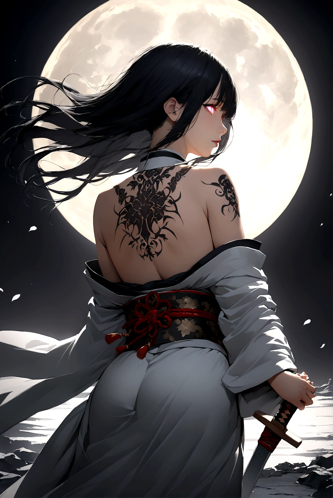 (masterpiece:1,2), best quality, masterpiece, highres, original, extremely detailed wallpaper, perfect lighting,geisha, kimono,Bare shoulder,back,Turn back,tattoo,(((Black and white))),Extreme detail,solo,Cold eyes,look up,Glowing eyes,byobu,moon,Black hair,petal, Anime girl standing in front of the moon, looking at the camera, dressed in a crusader's armor with a Christian cross on her breastplate, resting her hand on a large two-handed sword whose edge is set in the ground, black bluish hair, white black hair, glowing eyes :: photorealistic, high detail, ultra-realistic :: Studio Ghibli, Makoto Shinkai, Yoshitaka Amano inspirations :: cinematic lighting, moonlit night, dramatic shadows :: 8k resolution, sharp focus, depth of field
