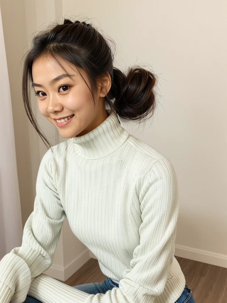 photo of a playful cute asian teen  wife with big beautiful eyes, messy long hair thrown into a messy bun ponytail. She wears: (turtleneck high ribbed bright  sweater:1.1),   pose, high tight ribbed neck,  smile, perfect fake tits, turtleneck top