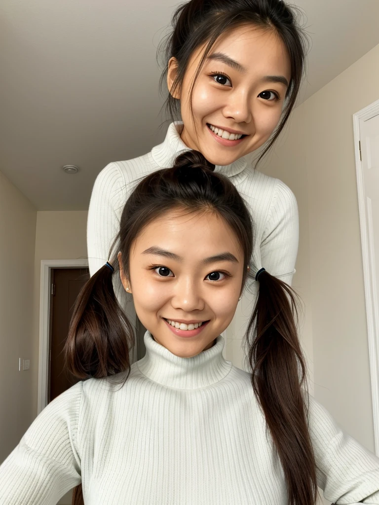 photo of a playful cute asian teen submissive wife with big beautiful eyes, messy long hair thrown into a messy bun ponytail. She wears: (turtleneck high ribbed bright tight white sweater:1.1), submissive seductive pose, high tight ribbed neck, seductive smile, perfect fake tits, turtleneck top