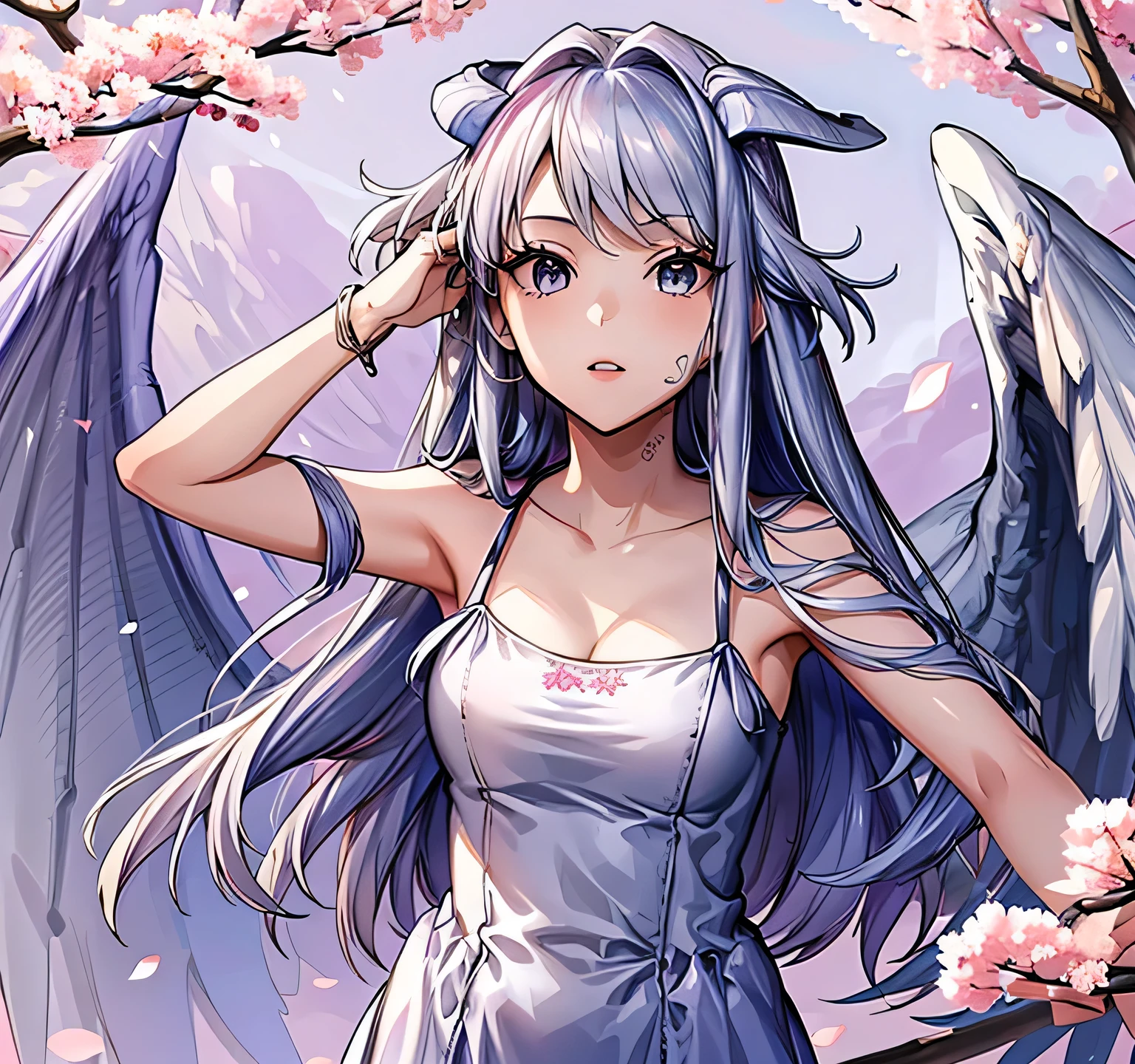 (masterpiece, top quality, best quality, beautiful), (1girl), highest detailed, parted lips,wallpaper, lefisios, detailed face, masterpiece, best quality, off shoulder, collar bone, cleavage, look at viewer, perfect fingers, armpit peek, frill, Beautiful flowers bloom, (sparkles), (There is a blooming sakura), standing under a tree, (head looking up), Look at the tree, wings, silver wings
