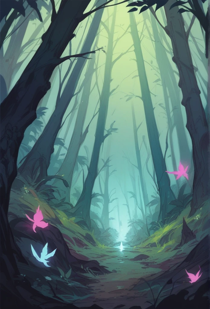 Mysterious forest, there is a glowing event. ,light blue,purple night forest,It's dark.,The big, dense tree looked mysterious.