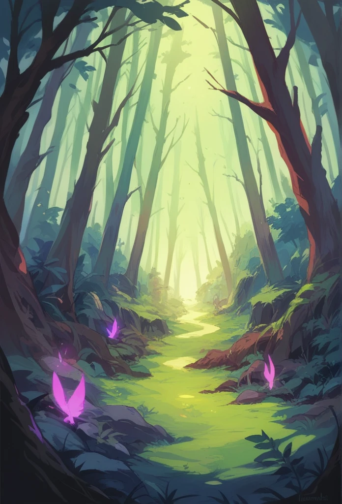 Mysterious forest, there is a glowing event. ,light blue,purple night forest,It&#39;s dark.,The big, dense tree looked mysterious.