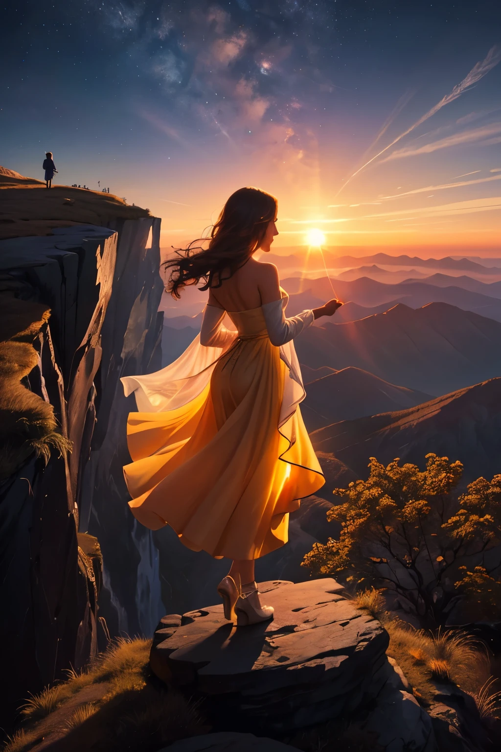 A solitary figure stands on the precipice of a cliff, captivated by the symphony of colors unfolding across the sky as the sun dips below the horizon. The warm hues of the sunset cast a golden glow on the individual, painting them in a surreal light.

As they stand there, lost in the beauty of the moment, a shimmering shadow begins to form behind them. Upon closer inspection, it reveals itself to be a luminescent entity, its form crafted from pure radiant energy. The entity moves towards them in a manner that seems almost graceful yet eerily inexorable, emanating an aura of ethereal grace. The individual feels an irres
