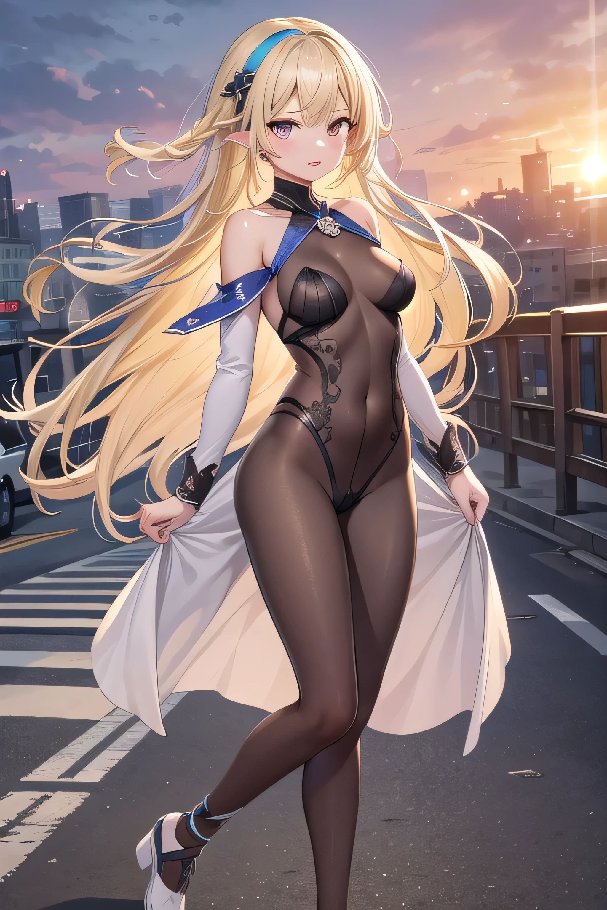 最high quality、high quality、best image quality、8K、最High resolution、High resolution、最high quality、masterpiece、whole body photos、 skin in every detail、 face in every detail、 eyes in every detail、 lips in every detail、 teeth in every detail、 ears with attention to detail、 hair with detailed details、arms with attention to detail、 hands with attention to detail、 fingers with attention to detail、 (fine hands、thumb1reference4)、 legs with attention to detail, feet with attention to detail, 8k, ultra HD, sharp focus, details hair, beautiful hair, details face, beautiful detail eye, details pupil, perfect hand, vibrant colours, soft lighting.
1girl, long hair, hair accessory, style hair, lemon yellow hair, violet eyes, glow eyes, giant breast, small thigh, slim body, off shoulders, body stocking, show breast, random shoes,
city, road, wind blows, sunset, evening, clear sky,