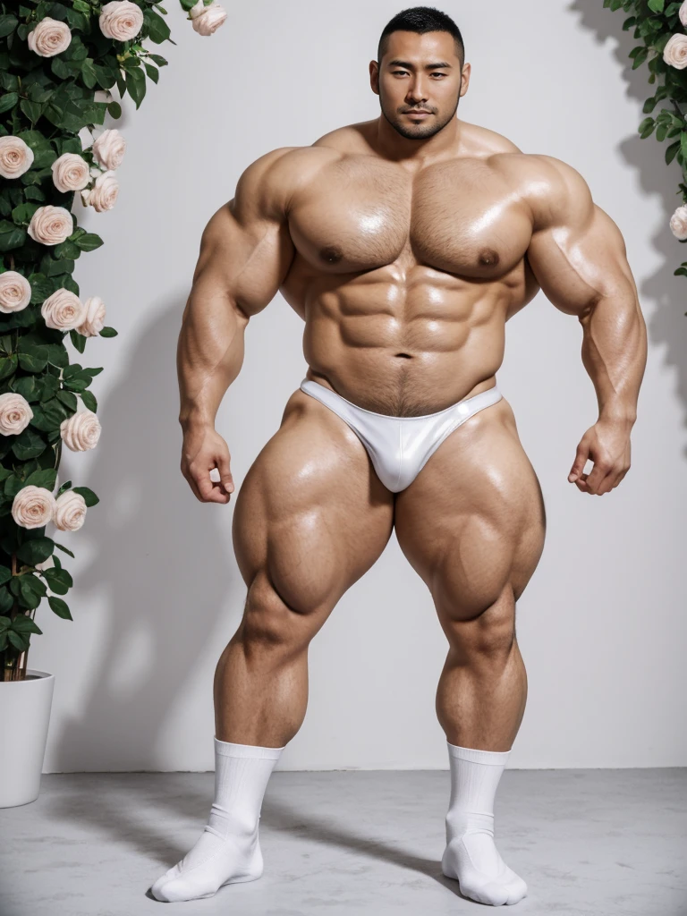 There is only one handsome Asian actor in the picture,35 years old,Tall and handsome, Toned body,short hair, O-Shaped Beard,Perfect body, Dark skin,Glowing skin,Smooth skin,The body is hairless,Muscle bulge, Muscular, Very large pectoral muscles,Very sexy abdominal muscles,Very well-developed leg muscles,Huge concave and convex area,Brightens oily skin,Wearing a white leather shiny thong,Handsome face, Correct and accurate male body proportions, Wear white leather socks,Stand among the flowers。