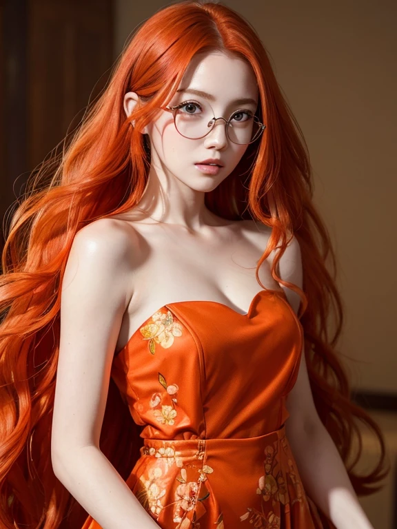 (Masterpiece:1.3)、(8K、Realistic photos、RAW shooting、Highest quality: 1.4)、absolutely correct、textured skin、((((1 girl、alone))))、((Shoot for one person only.))、beautiful face,（realistic face、Red-haired girl with wavy ginger hair, flowing red hair, Red hair and attractive features, long wavy orange hair, long orange hair, wild red hair, copper curly hair, Orange peel and long shiny hair., Amaranthus, red hair, orange hair, red head, she has long redorange hair, red hairหยิก, Clear, smooth face, clear glasses, beautiful eyes, perfect proportions. Dress, skirt, floral pattern, black and orange tones, showing shoulders, close-up camera angle See the face clearly