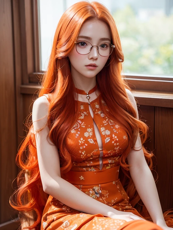 a beautiful red-haired girl with long wavy hair, light green eyes, freckles on her face, thin lips, round face, big breasts, wearing sexy librarian clothes, sitting on the toilet in the morning looking at her cell phone carefree