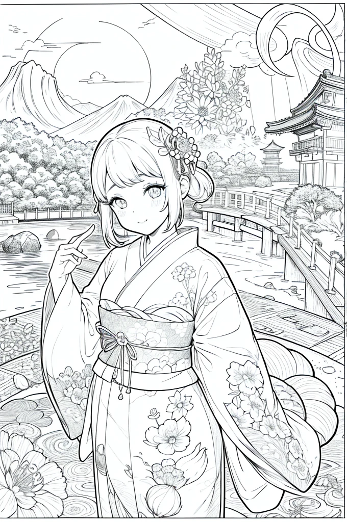 Obra maestra, superlativo,solamente, Dragon cute , flower line drawing background, fondo blanco, monocromo, line drawing, ((bosquejo)), spooky, white eyes, Please create a simple monochrome coloring book that even a can do, depicting a realistic and cute ukiyo-e illustration of a girl in a kimono, in various poses, with a Japanese garden in the background, that conveys Japanese culture.