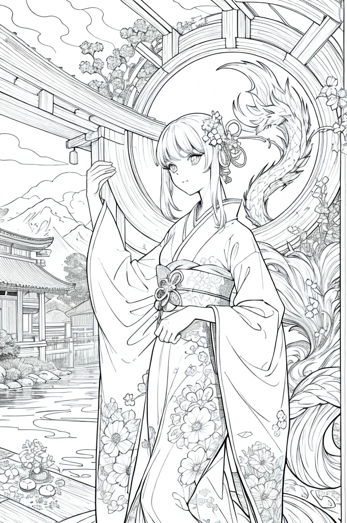 Obra maestra, superlativo,solamente, Dragon cute , flower line drawing background, fondo blanco, monocromo, line drawing, ((bosquejo)), spooky, white eyes, Please create a simple monochrome coloring book that even a  can do, depicting a realistic and cute ukiyo-e illustration of a girl in a kimono, in various poses, with a Japanese garden in the background, that conveys Japanese culture.
