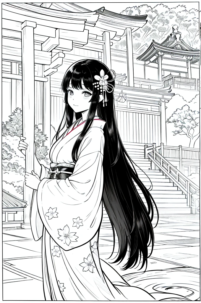 As a coloring book, the color should be black and white, the border should be simple, clear, and bold. [Girl with long black hair] wearing a [kimono with cherry blossom pattern] visiting [Kiyomizu-dera temple] in Kyoto, Japan, with [sakura hair ornaments]