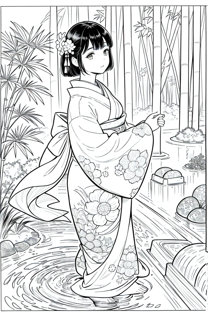 As a coloring book, the color should be black and white, the border should be simple, clear, and bold. [Girl with short brown hair] wearing a [kimono with koi fish pattern] strolling through the [Arashiyama Bamboo Forest] in Kyoto, Japan, with [kanzashi hair ornaments]