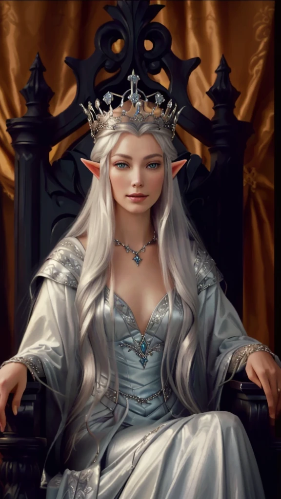 A lady sitting on a throne，Close-up of a crowned head, ((Beautiful fantasy queen)), Silver Queen, portrait of an elf queen, beautiful princess,Queen Galadriel, Beautiful fantasy queen, beautiful and elegant queen,Realistic style，8K,high quality