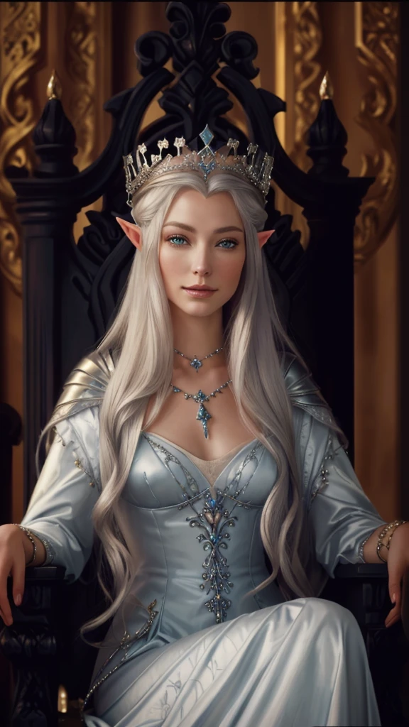 A lady sitting on a throne,Close-up of a crowned head, ((Beautiful fantasy queen)), Silver Queen, portrait of an elf queen, beautiful princess,Queen Galadriel, Beautiful fantasy queen, beautiful and elegant queen,Realistic style,8K,high quality