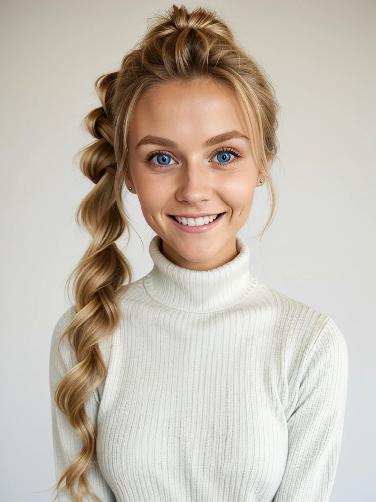 photo of a playful cute blonde submissive wife with big beautiful eyes, messy long hair thrown into a messy bun ponytail. She wears: (turtleneck high ribbed bright tight white sweater:1.1), submissive seductive pose, high tight ribbed neck, seductive smile, perfect fake tits, turtleneck top