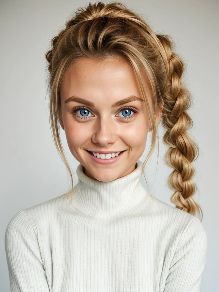 photo of a playful cute blonde teen submissive wife with big beautiful eyes, messy long hair thrown into a messy bun ponytail. She wears: (turtleneck high ribbed bright tight white sweater:1.1), submissive seductive pose, high tight ribbed neck, seductive smile, perfect fake tits, turtleneck top
