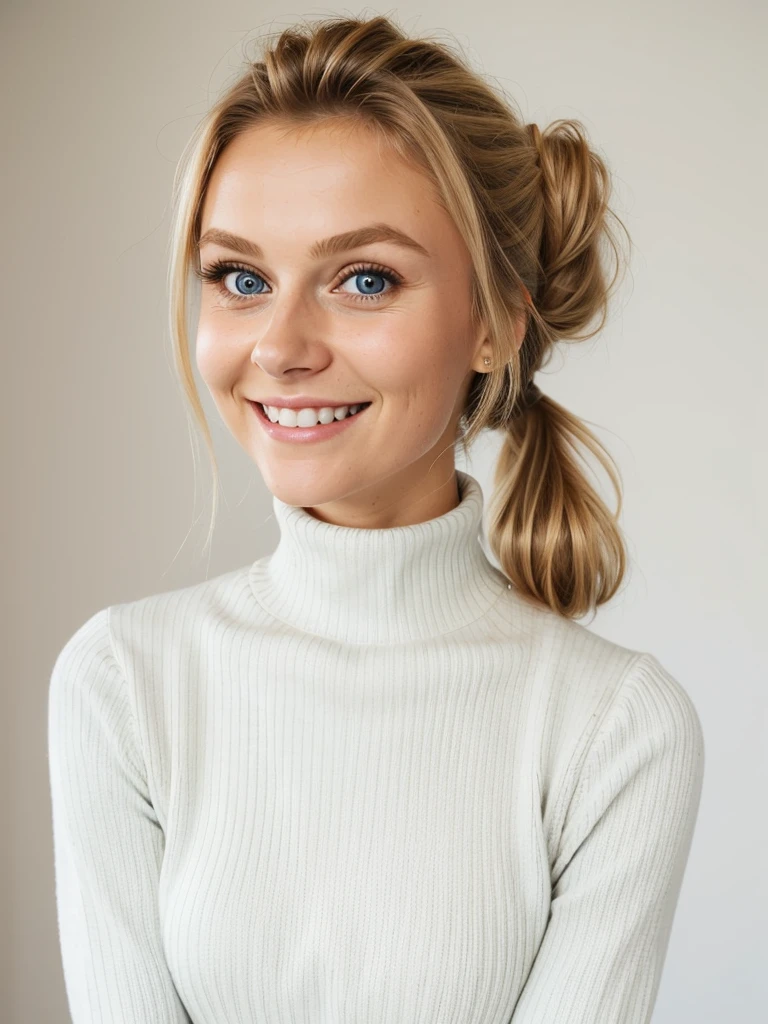 photo of a playful cute blonde teen wife with big beautiful eyes, messy long hair thrown into a messy bun ponytail. She wears: (turtleneck high ribbed bright sweater:1.1), pose, high tight ribbed neck, smile, perfect fake , turtleneck top