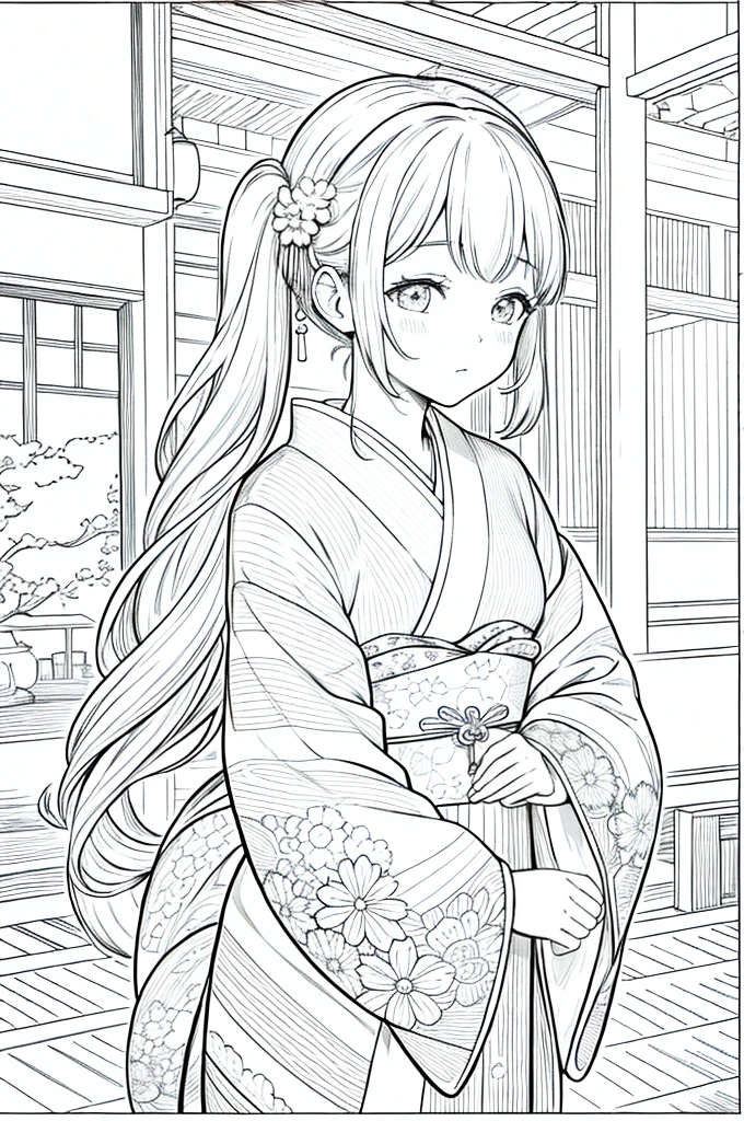 As a coloring book, the color should be black and white, the border should be simple, clear, and bold. [Girl with pigtails] wearing a [kimono with waves pattern] holding a [paper lantern] at the [Gion Matsuri festival] in Kyoto, Japan, with [sakura hair clips]