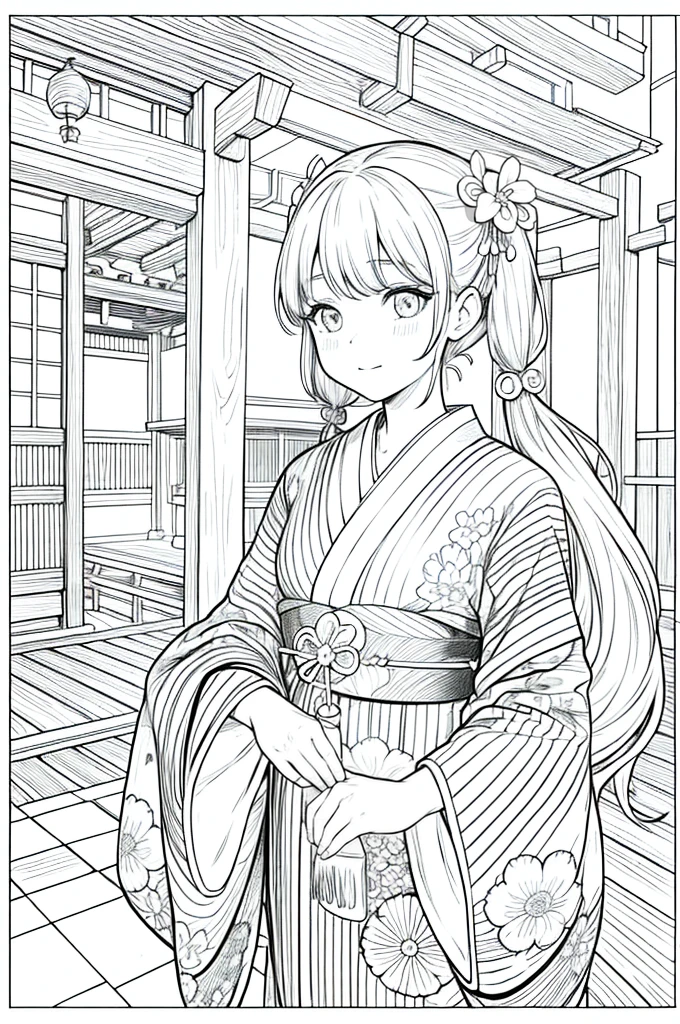 As a coloring book, the color should be black and white, the border should be simple, clear, and bold. [Girl with pigtails] wearing a [kimono with waves pattern] holding a [paper lantern] at the [Gion Matsuri festival] in Kyoto, Japan, with [sakura hair clips]