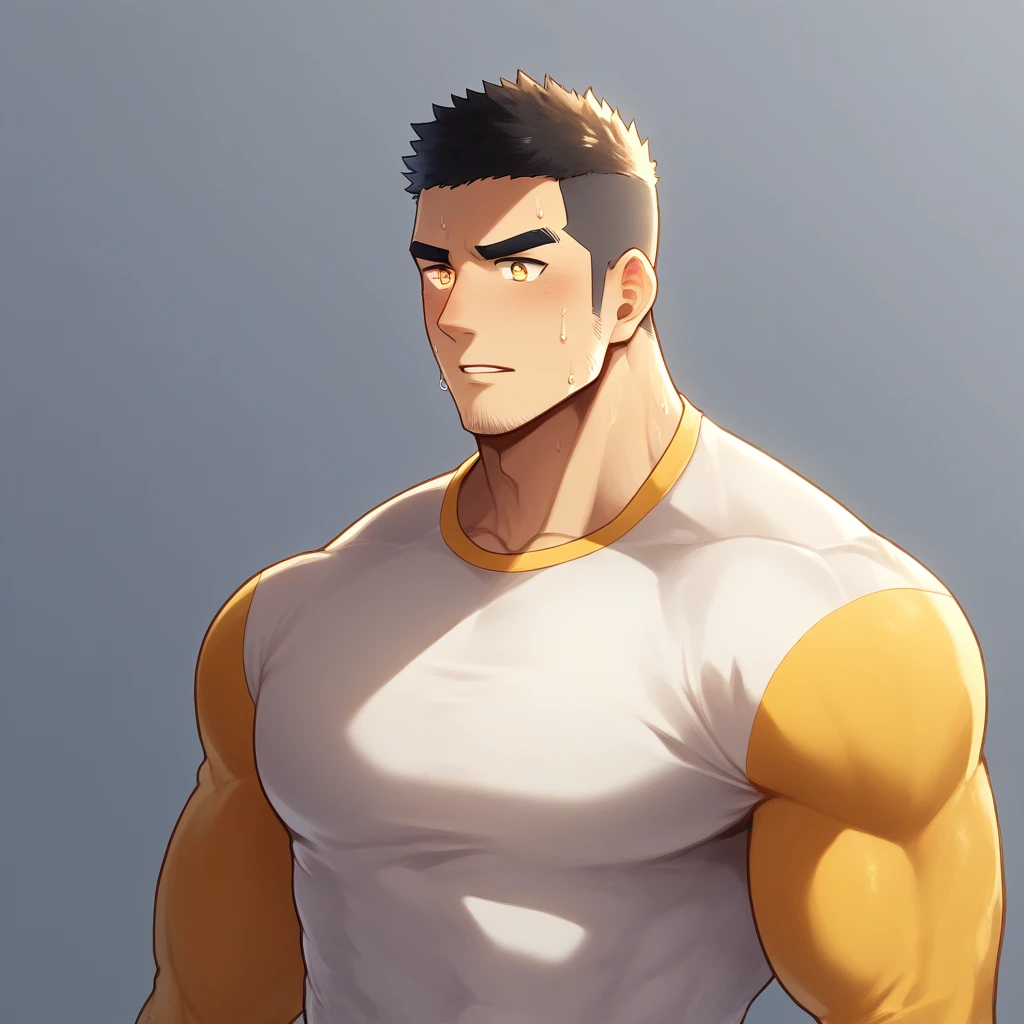 anime characters:Gyee, Muscle Sports Student, 1 muscular tough guy, Manliness, male focus, Light yellow high collar long sleeve tight T-shirt, Very tight, The clothes were soaked with sweat, The pectoral muscles are oversized, Slightly transparent, muscular male, muscular, only, Upper body, alone, Black short hair, Thick eyebrows, stubble, Yellow eyes, Grey background, simple background, amazing quality, best aesthetics, Ridiculous, bright pupils, crew cut, parted lips, shy, blush, drop shadow, best quality