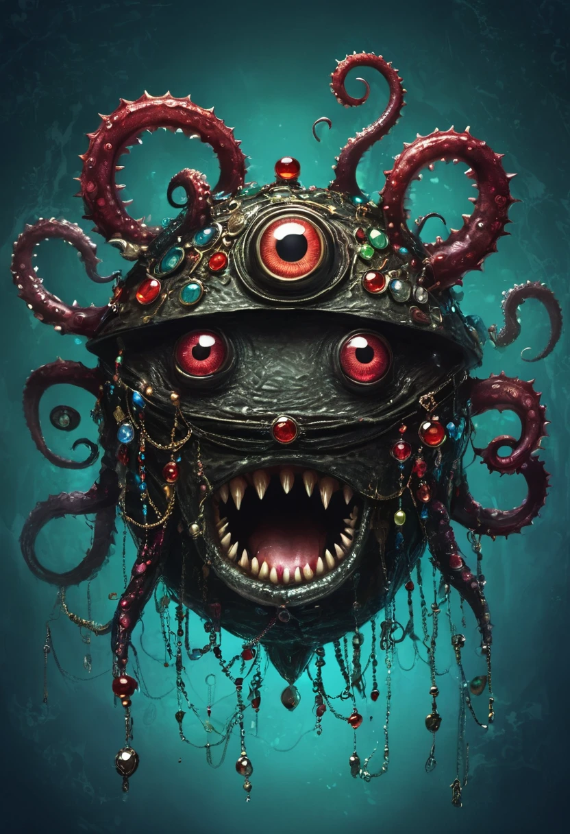 dark，Fear，imitate，Strange box monster full of jewels - one eye - sharp teeth - ugly，Long tentacles，Scattered jewelry,greedy