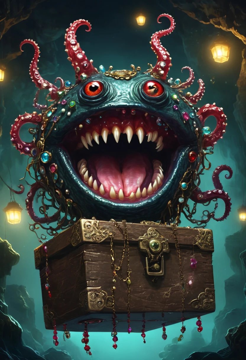 dark,Fear,imitate,Strange box monster full of jewels - one eye - sharp teeth - ugly,Long tentacles,Scattered jewelry,greedy