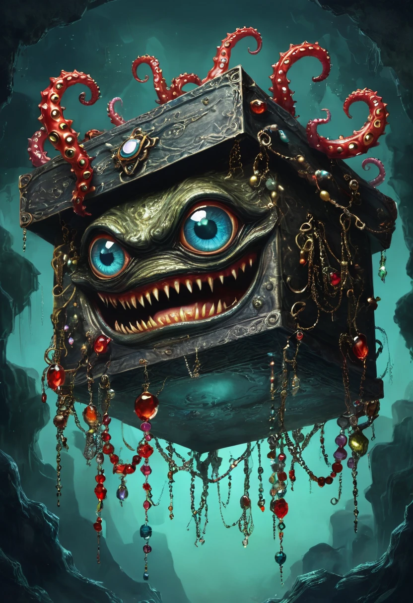 dark,Fear,imitate,Strange box monster full of jewels - one eye - sharp teeth - ugly,Long tentacles,Scattered jewelry,greedy