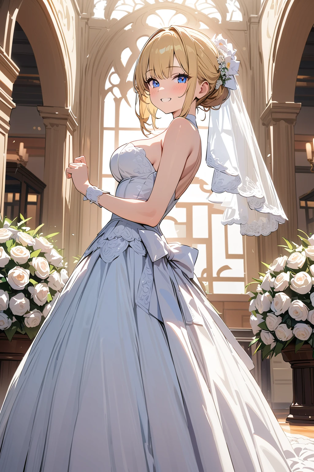 (masterpiece, best quality:1.5), (ultra detailed, high resolution, 8k, beautiful detailed, UHD, best anatomy), 1 cute girl, blonde hair, medium breasts, wedding dress, bridal veil, flower, wedding hall, Happy face