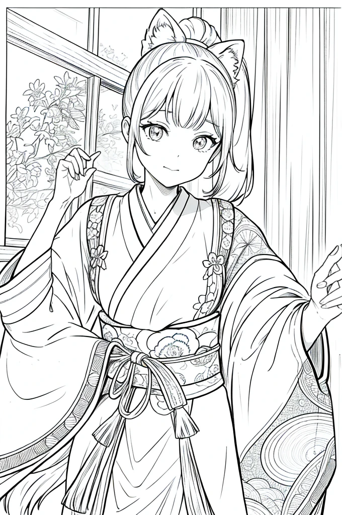 As a coloring book, the color should be black and white, the border should be simple, clear, and bold. [Girl with a ponytail] wearing a [kimono with fox pattern] practicing [kendo] in a [dojo], with [hair ties decorated with fox charms]