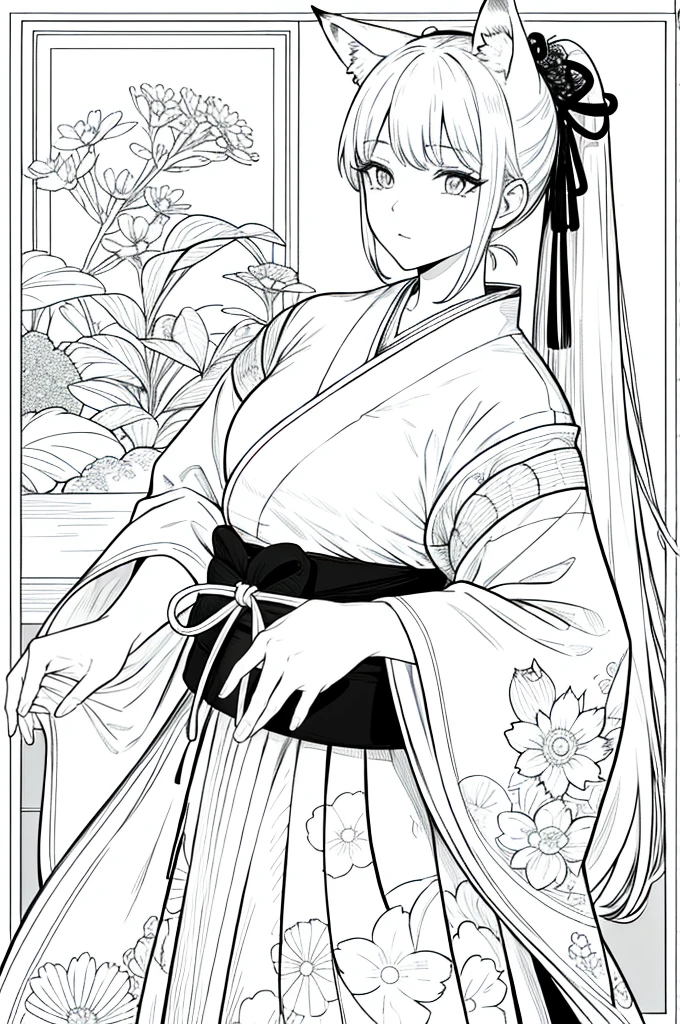 As a coloring book, the color should be black and white, the border should be simple, clear, and bold. [Girl with a ponytail] wearing a [kimono with fox pattern] practicing [kendo] in a [dojo], with [hair ties decorated with fox charms]
