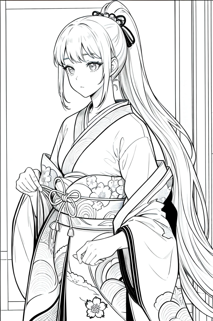 As a coloring book, the color should be black and white, the border should be simple, clear, and bold. [Girl with a ponytail] wearing a [kimono with fox pattern] practicing [kendo] in a [dojo], with [hair ties decorated with fox charms]