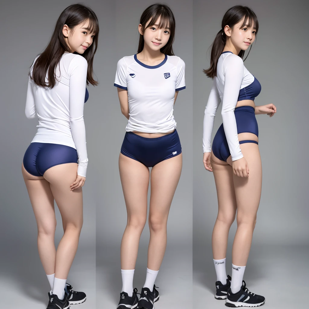 Teenage Japanese Girl, White tight shirt, タイトなBloomers, bloomers, pointy big breasts, very small nipples, Bloomers、Long legs,Long white socks ,Embarrassed face, Side stand pose,volleyball,open small, View from below、Back view、Full body view