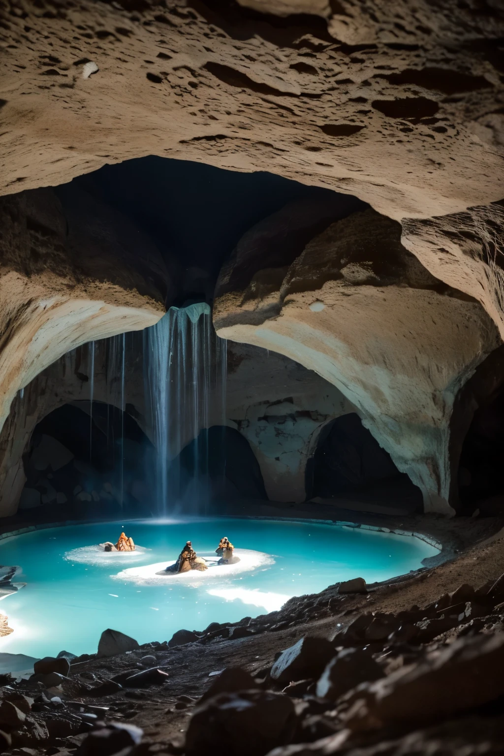 3 hommes préhistorique vêtue de peau d’animaux dans une grotte glacière de la période du würm assis par terre près d’un feu crépitant laissant apparaître un paysage froid enneiger glacer