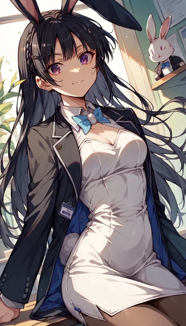 maisakurajima, Mai Sakurajima, long hair, bangs, (black hair:1.5), hair ornaments, (purple eyes:1.1), hair clip, rabbit hair ornaments,blue eyes, medium chest , OL, Fundo, black suit jacket, collared jacket, white dress shirt, collared shirt, neckline, button, strap, ID card on neck, black pencil skirt, black pantyhose, stiletto heels,There is a coffee mug and a computer on the desk.,Steam from the mug,sitting cross-legged on a chair,smile,
break indoors, office,
break looking at viewer, (cowboy shot:1.5),
break (masterpiece:1.2), highest quality, High resolution, unity 8k wallpaper, (figure:0.8), (beautiful and fine eyes:1.6), highly detailed face, perfect lighting, Very detailed CG, (perfect hands, perfect anatomy),