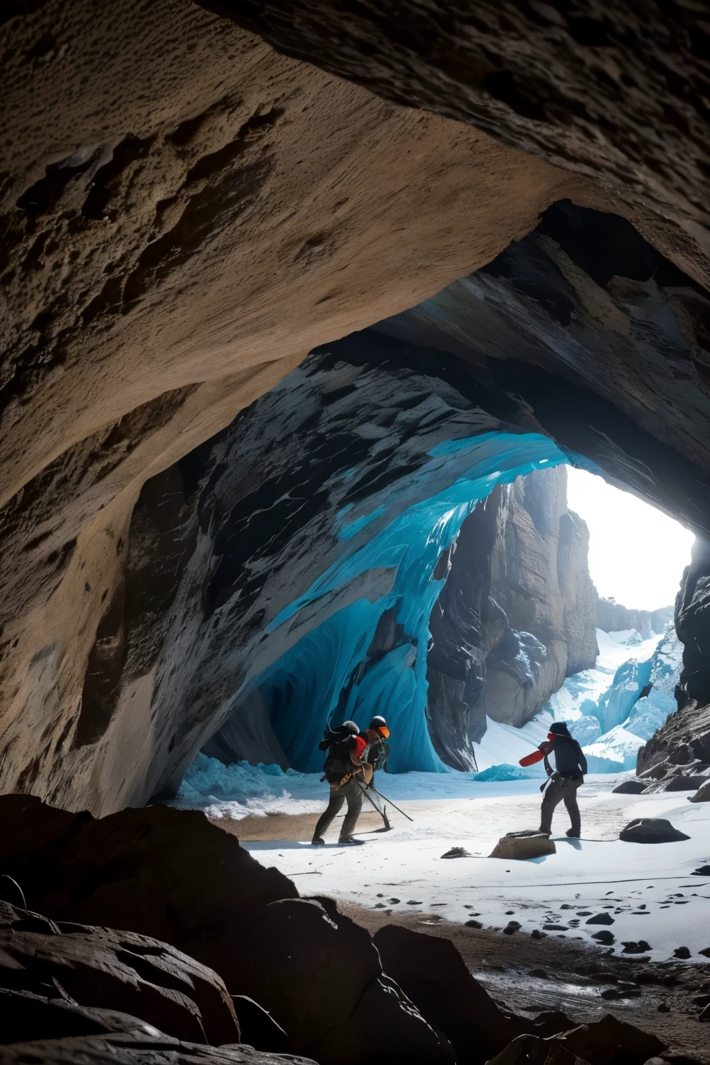 3 hommes préhistorique vêtue de peau d’animaux dans une grotte glacière de la période du würm assis par terre près d’un feu crépitant laissant apparaître un paysage froid enneiger glacer
