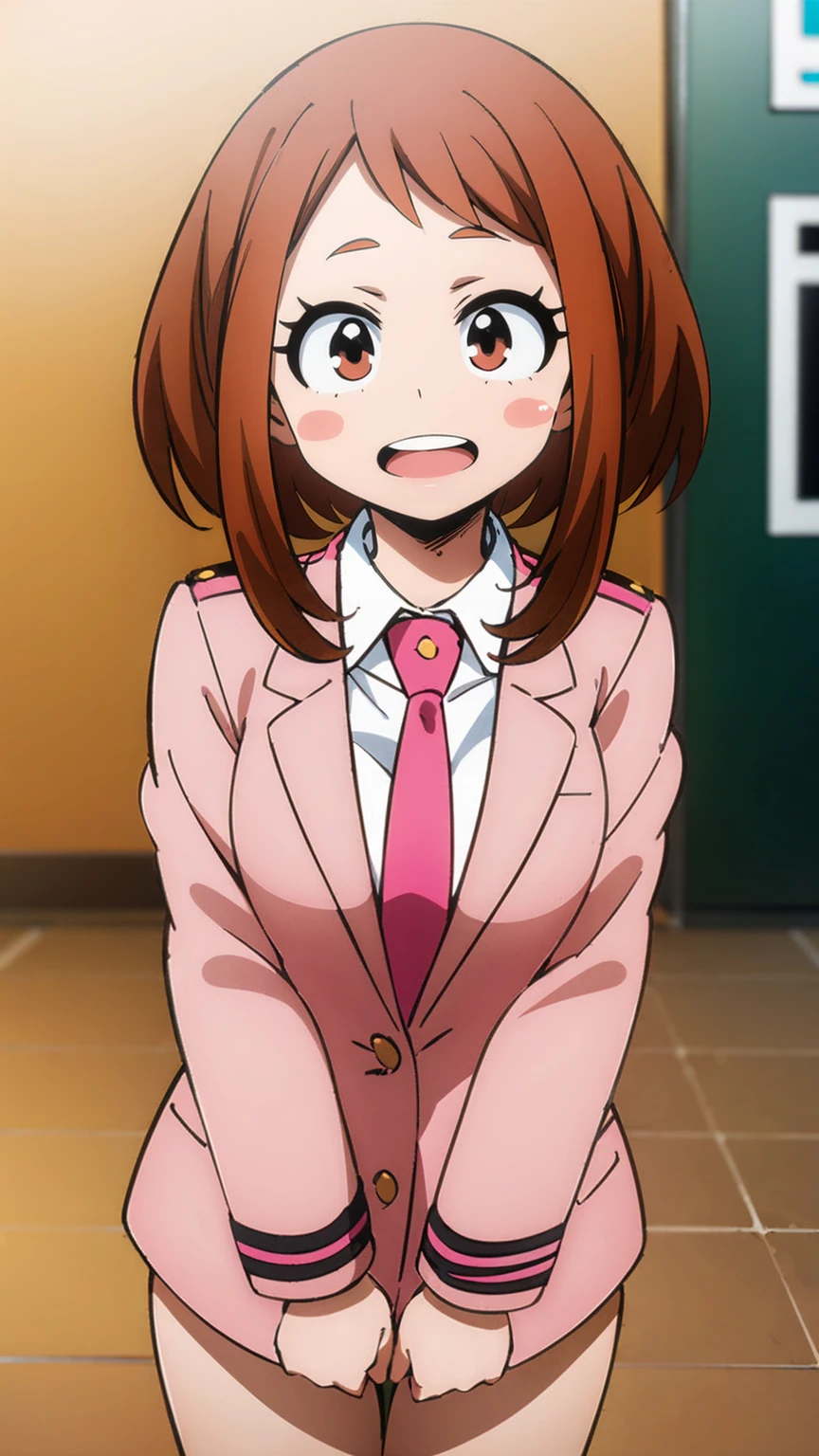 ochaco_uraraka, 1girl, solo, pink skirt suit, necktie, blush_stickers, pink pencil skirt, open_mouth, looking_at_viewer, smile, pink blazer, :d, long_sleeves, teeth, without shirt, neckline, blush, cowboy_shot, standing, indoors, office, full_body, high_heels