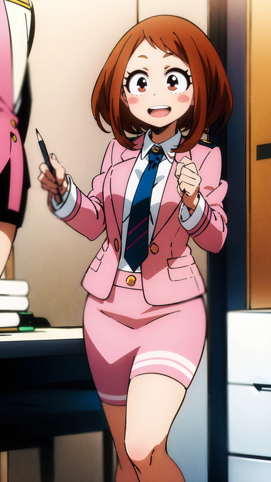 ochaco_uraraka, 1girl, solo, pink skirt suit, necktie, blush_stickers, pink pencil skirt, open_mouth, looking_at_viewer, smile, pink blazer, :d, long_sleeves, teeth, without shirt, neckline, blush, cowboy_shot, standing, indoors, office, full_body, high_heels