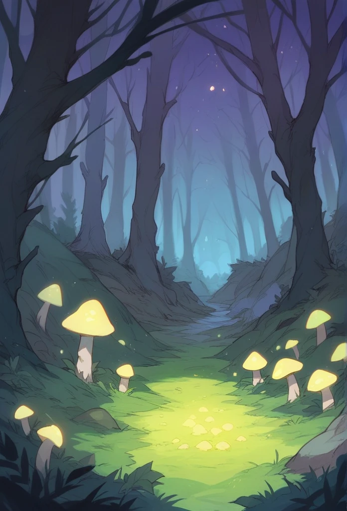 Mysterious forest with glowing mushrooms ,light blue,purple night forest,It's dark.,Big, dense trees look mysterious and realistic.,Emphasize realistic