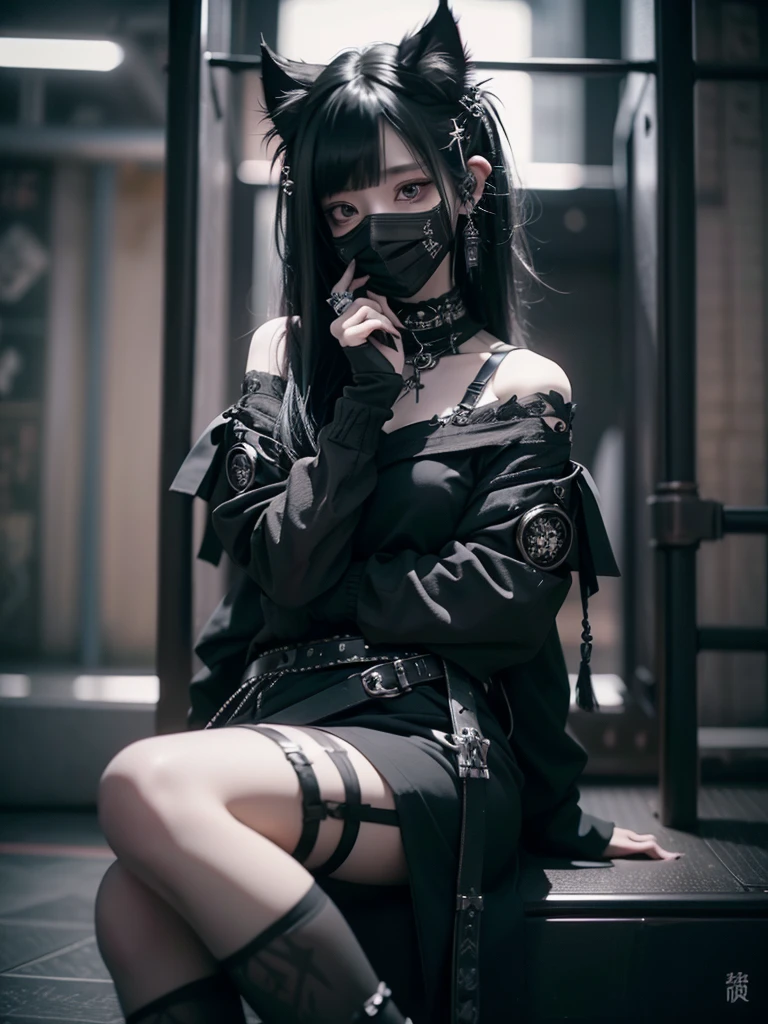 Highest quality、8K、masterpiece:1.3、Gothic Punk、The inside color is red、Black-haired、hair ornaments、Beautiful girl、creative、Dark Fantasy Style、Neogoth、Goth Fashion:1.2、High resolution、masterpiece、Highest quality、頭w:1.3、((Hasselblad Photos))、Fine skin、Sharp focus、(Cinematic lighting)、Realistic textured hair、((Black Mask)),Esbian all over、((View from below))