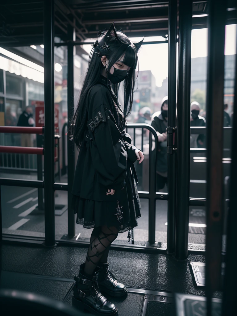 Highest quality、8K、masterpiece：1.3、Gothic Punk、The inside color is red、Black-haired、hair ornaments、Beautiful girl、creative、Dark Fantasy Style、Neogoth、Goth Fashion：1.2、High resolution、masterpiece、Highest quality、頭w:1.3、((Hasselblad Photos))、Fine skin、Sharp focus、(Cinematic lighting)、Realistic textured hair、((Black Mask)),Esbian all over、((View from below))