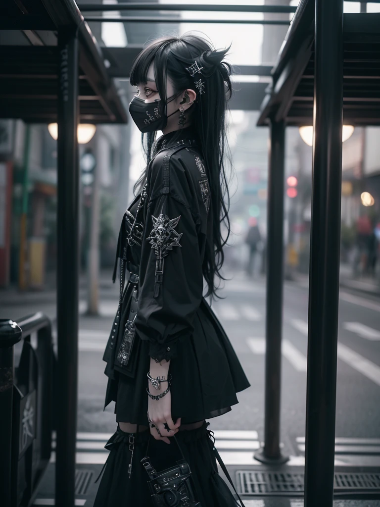 Highest quality、8K、masterpiece:1.3、Gothic Punk、The inside color is red、Black-haired、hair ornaments、Beautiful girl、creative、Dark Fantasy Style、Neogoth、Goth Fashion:1.2、High resolution、masterpiece、Highest quality、頭w:1.3、((Hasselblad Photos))、Fine skin、Sharp focus、(Cinematic lighting)、Realistic textured hair、((Black Mask)),Esbian all over、((View from below))