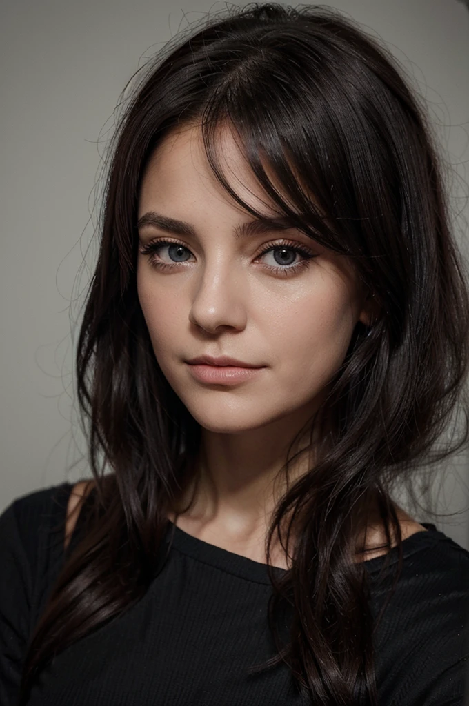 une fille cheveux noir mi long au niveau des épaules avec les yeux chatin , le visage déssiné avec la machoir et une belle peau , il me faut un visage réaliste et beau