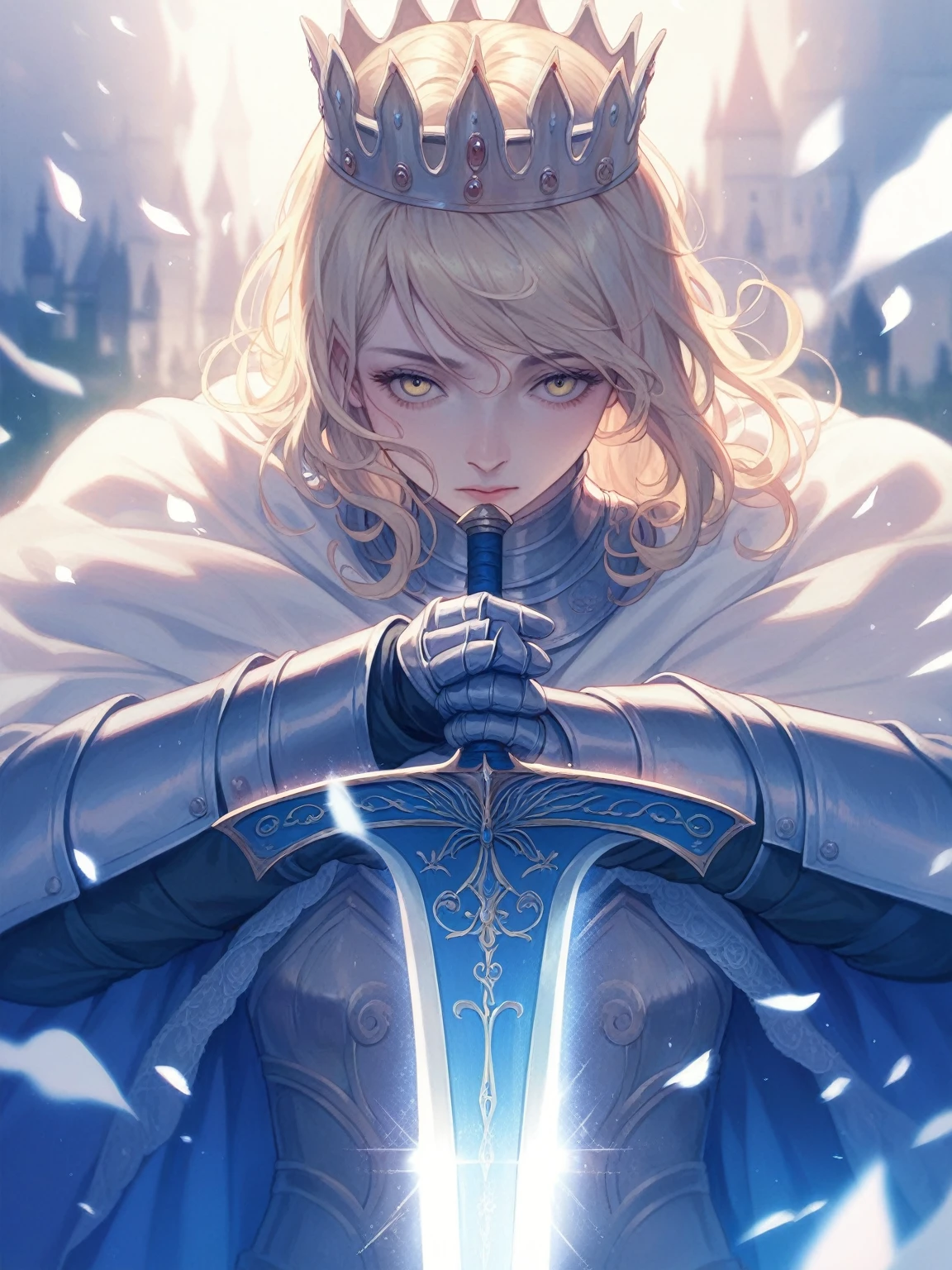 1girl, masterpiece, best quality, 8k, detailed skin texture, detailed cloth texture, beautiful detailed face, intricate details, ultra detailed, a european girl, yellow eyes, blonde curly hai, 3D character, Medieval Knight, crown, Sword, Reality