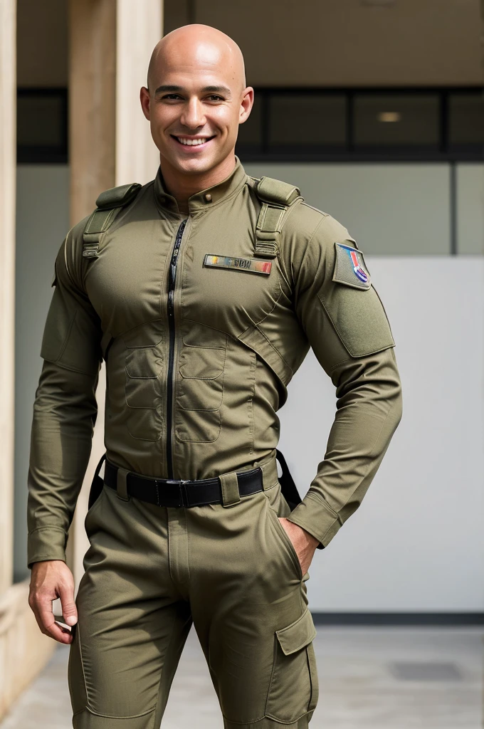 ((8k ((best quality)), ((masterpiece)), (very detailed), real face bald male muscular male full body wear soldier suit sit on bech smiling