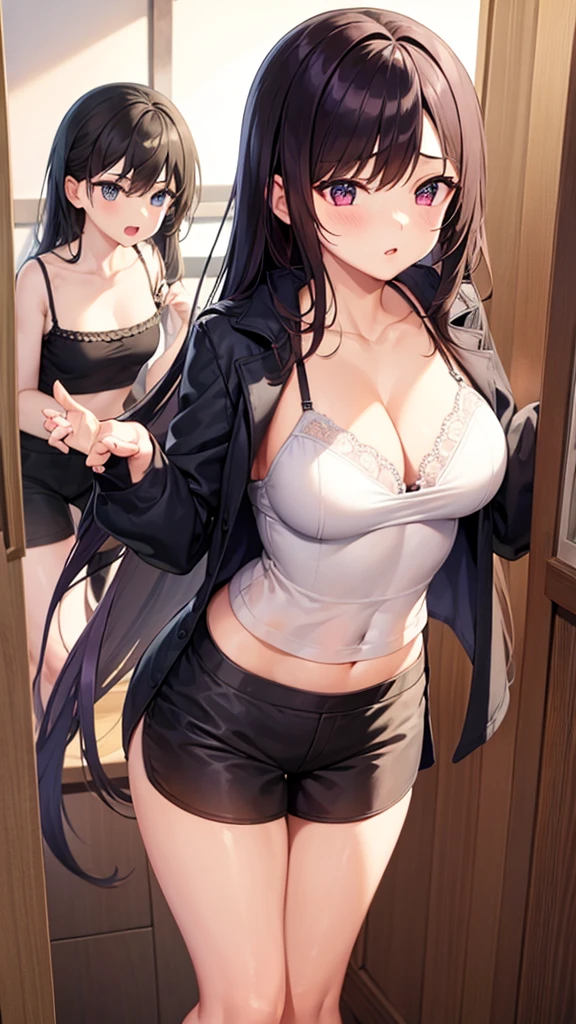 2girls, , , tight shirt, big , reaching at the top of a cupboard, shiny skin