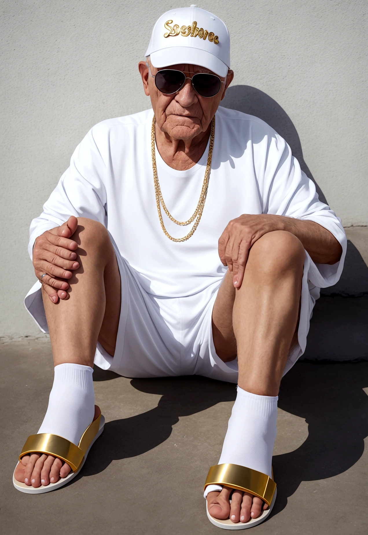 an old cool man in white socks in sandals, Make sure that the whole foot is covered with white socks and no skin is visible, Sunglasses on, snapback cap, cooles Outfit, Gold chain, 5 fingers on each hand, photrealistic, 8K