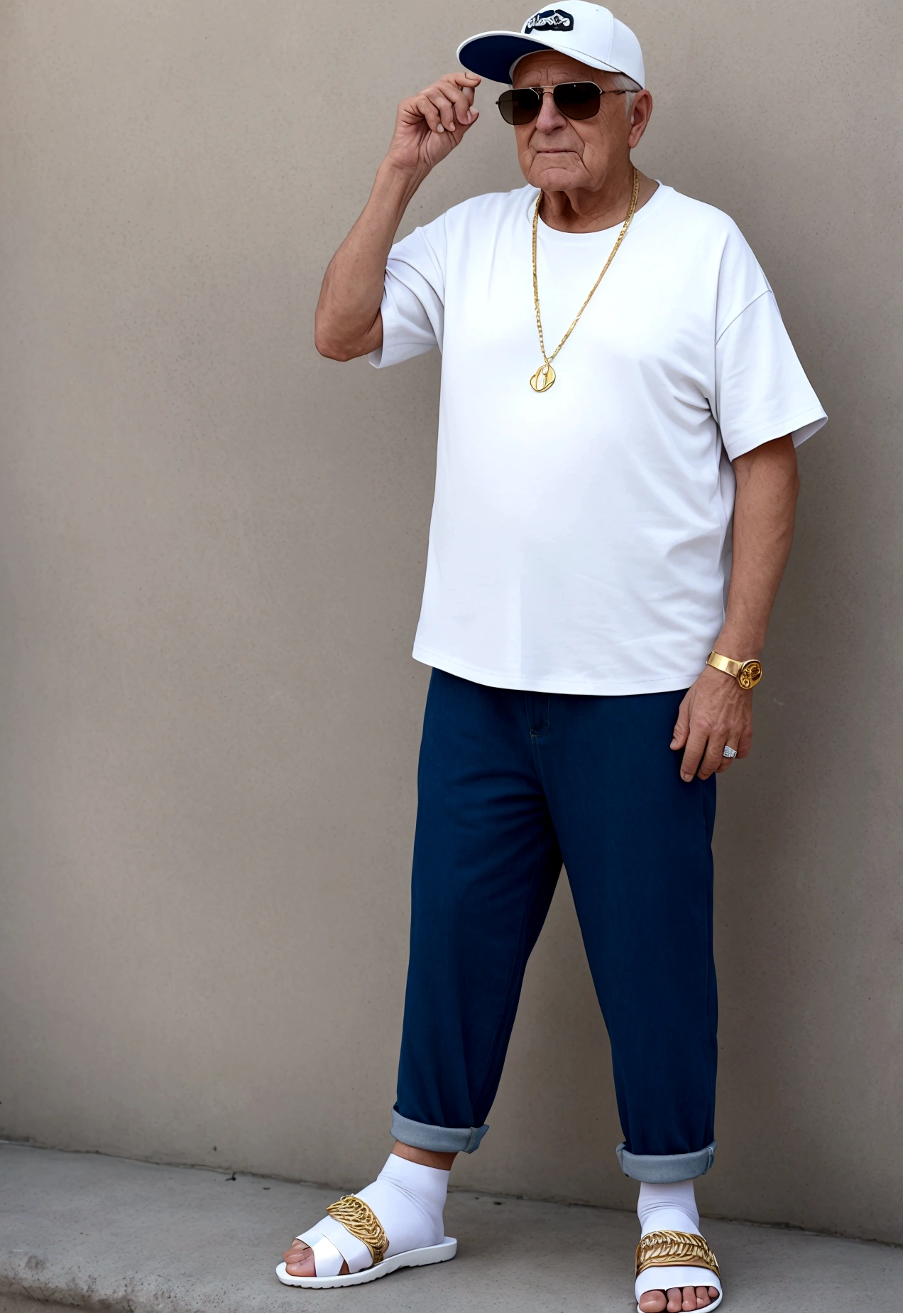an old cool man in white socks in sandals, Make sure that the whole foot is covered with white socks and no skin is visible, Sunglasses on, snapback cap, cooles Outfit, Gold chain, 5 fingers on each hand, photrealistic, 8K