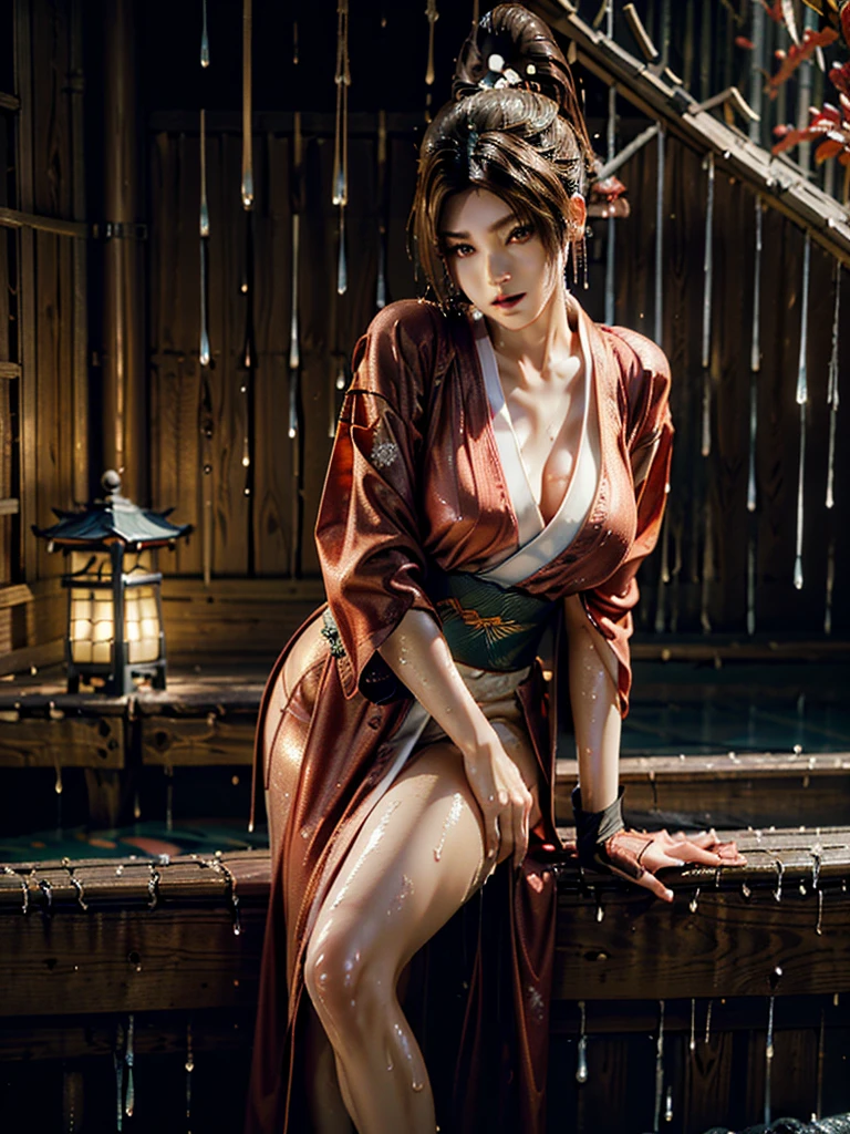 (exquisitely detailed CG unity 8k wallpaper, masterpiece-quality with stunning realism), (best illumination, best shadow), (best quality), (elegant style:1.2), Arti modern anime. angled view, heroic pose, midshot, (cel-shading style:1.3), centered image, ultra detailed closeup portrait of (Mai Shiranui:1) from (King of Fighters), best quality, expressive eyes, perfect face, highres, (ultra details), 1 girl, solo, brown hair, hair ornament, eyeshadow, gold, white and red qipao, highly ornamented, in the city of Japan, portrait, looking at the viewer, piercing eyes, full body, (light from the angle:1) (wind blowing:1.2).(depth of field effects:1.3) (motion action:1.2) (closeup:1.2) (angled closeup photography:1), (motion blur effects:1), wide angles, spreading feet, Thin to transparent,see-through,(((Soggy-kimono:1.2))),Lace fabric, (((water-immersed body: 0.9))),jewelry, relaxing pose, (dress on fire:.7), ((Leaning forward:1))