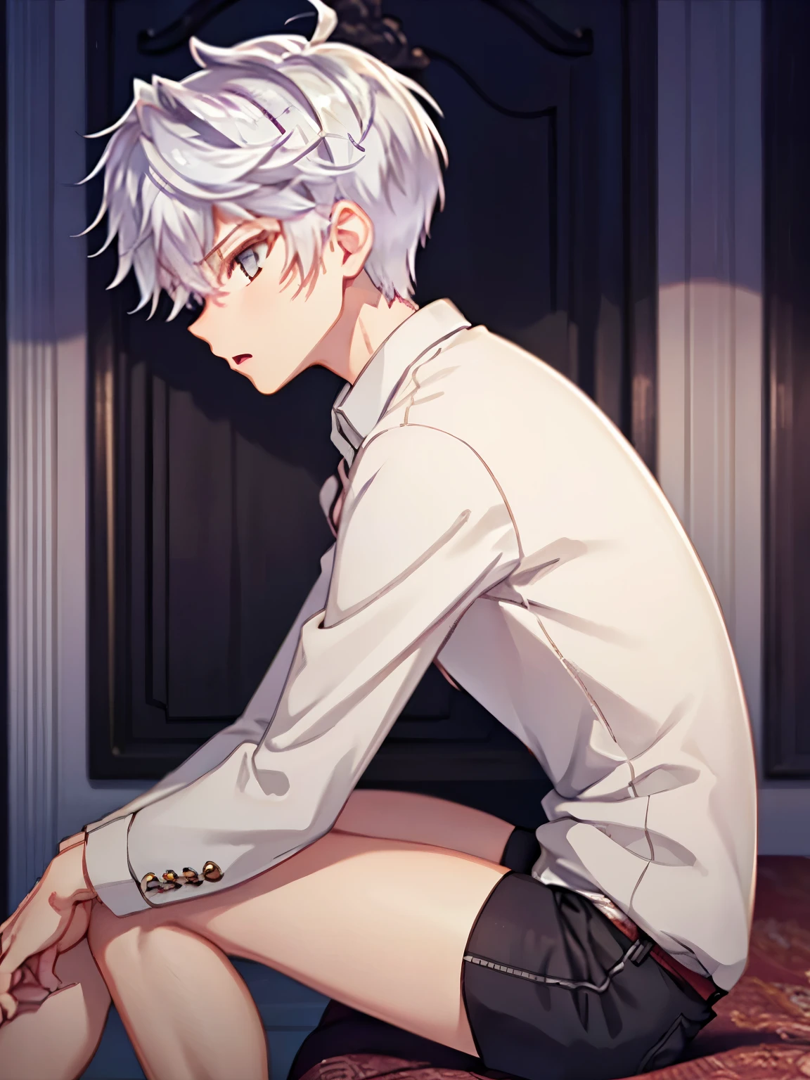  1boy, solo, male focus, lugh_tuatha_de, grey hair, grey eyes, short hair, hair between eyes, bangs,Sitting facing right, camera angle from the side, photo from the side, looking away, shocked expression